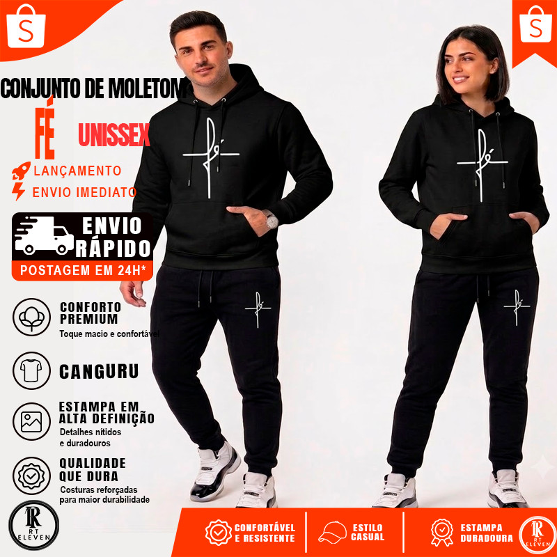 Conjunto Moletom Fé Estampa Cristã Casaco Blusa De Frio + Calça linha premium moleton canguru com bolso e capuz