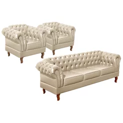 Kit 3 Peças com 1 Sofá 3 Lugares e 2 Poltronas Chesterfield Couro Sintético Retrô Dom Pedro Bege Bege