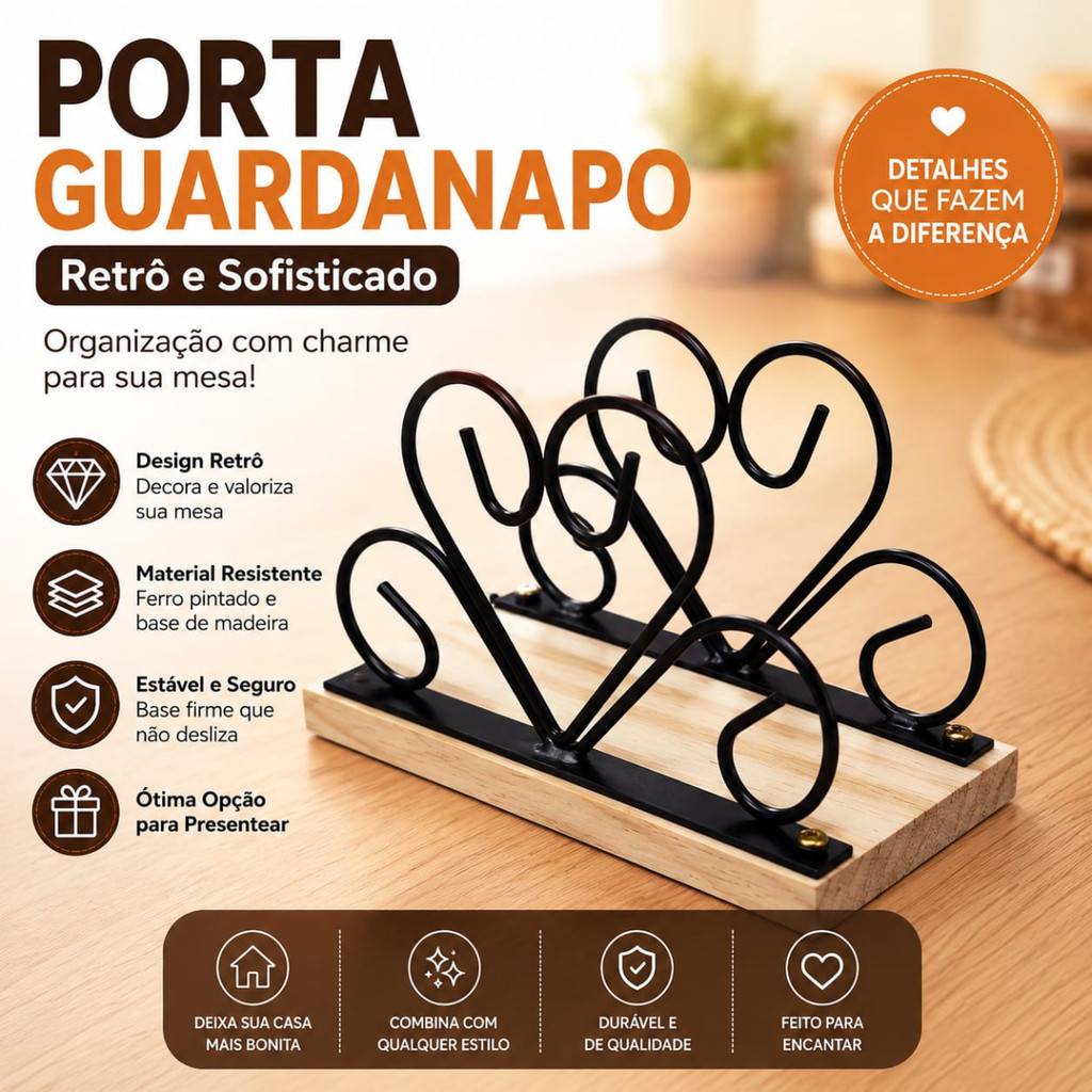 Porta Guardanapo Decorativo em Metal e Madeira | Retrô Elegante para Mesa Posta e Cozinha