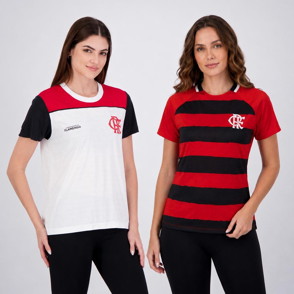 Kit 2 Camisas Flamengo Manto e Fulgor Feminino Vermelho e Branco