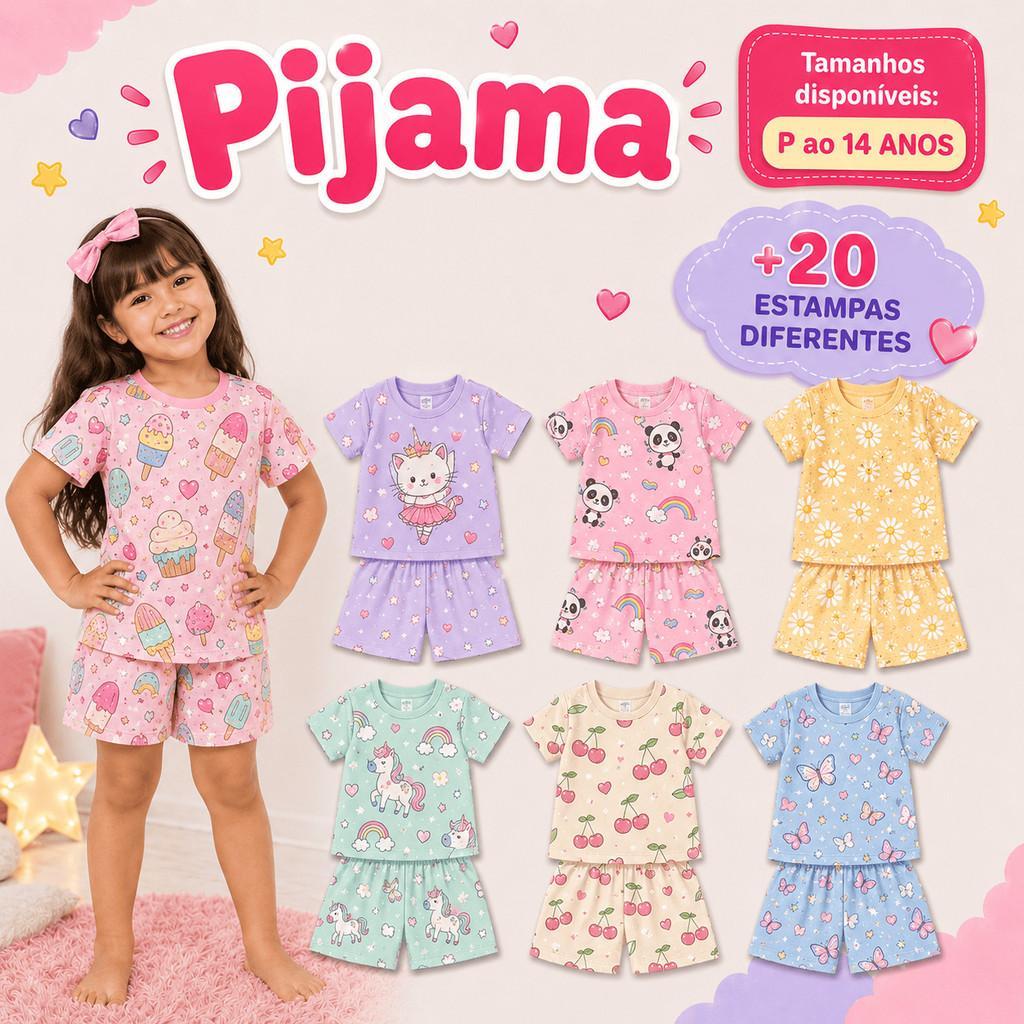 Pijama Curto Infantil Criança Menina Manga Curta Verão Calor Roupa de Dormir 02 Peças Estampas Sortidas Baby Doll