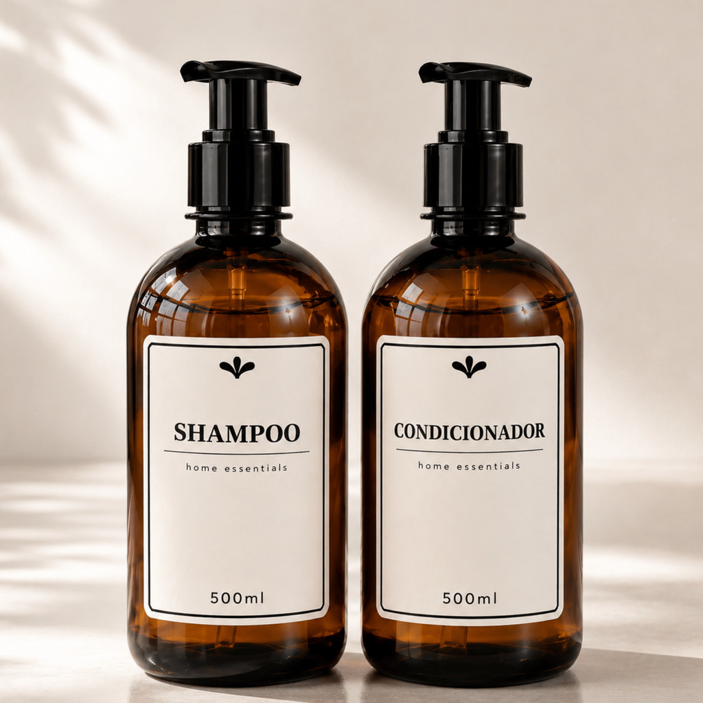 Kit 2 Frascos Shampoo e Condicionador 500ml PET Âmbar com Válvula Pump | Dispenser para Banheiro