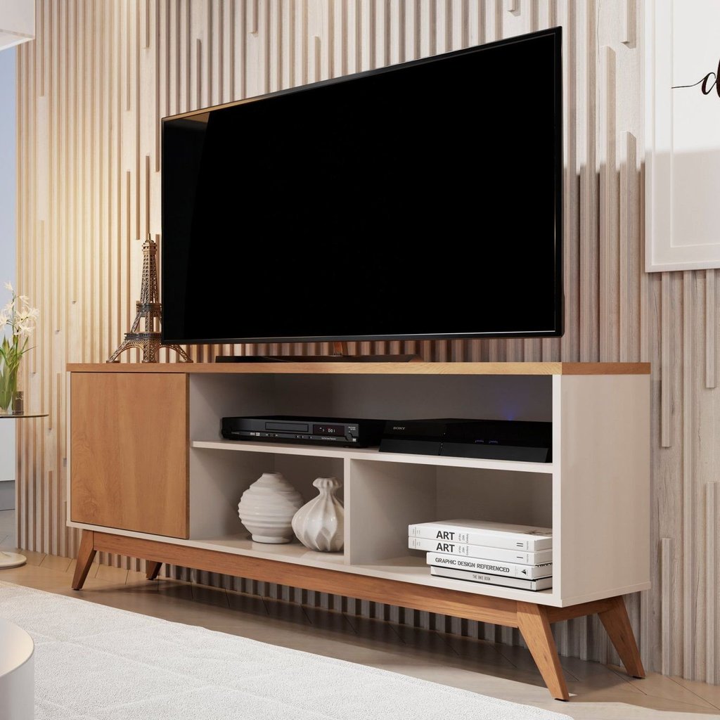 Rack Retrô para TV até 55 Polegadas 136cm Pés em Madeira Maciça Malbec Bege Off White/Nature