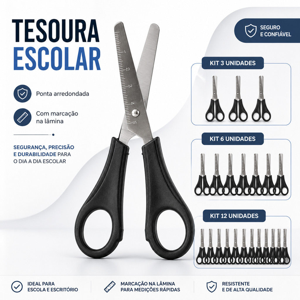 KIT 3/6/12/60 Tesoura Escolar De Aço Inox Com Ponta Arredondada Leonora/brw Volta Aulas Papelaria