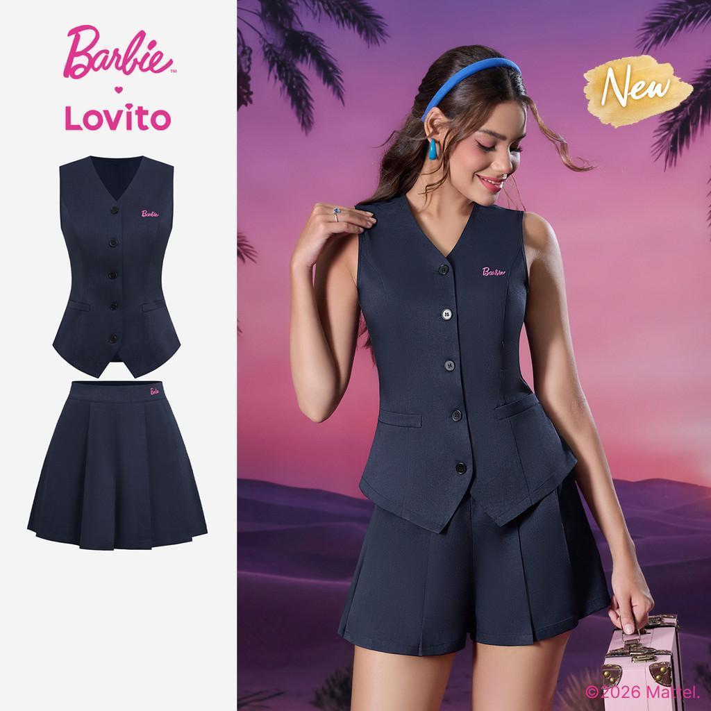 (New Arrival) Barbie™ X Lovito Top Azul Royal Sem Gola Média Pernas Largas Botõe