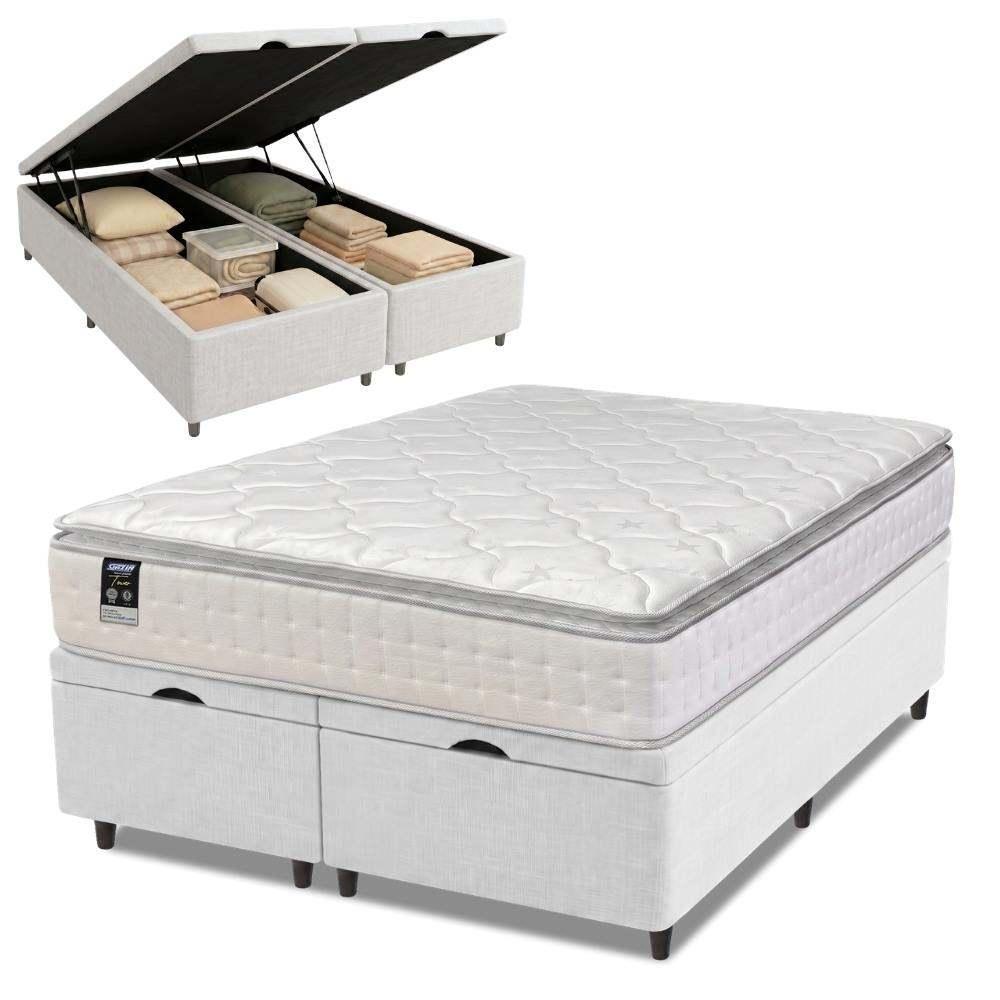 Cama Box Baú Casal King Colchão Gazin Com Molas Ensacadas Tower New 193x203x76cm Branco