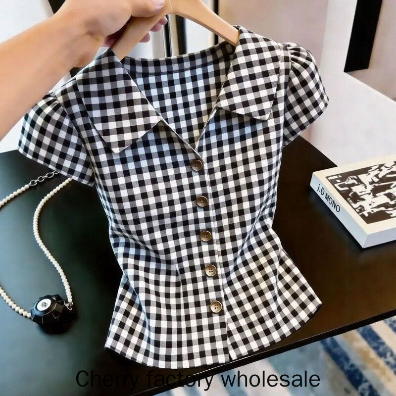Moda feminina roupas Design sentido camisa xadrez preta simples cintura estreita mais magro olhar topo roupas femininas