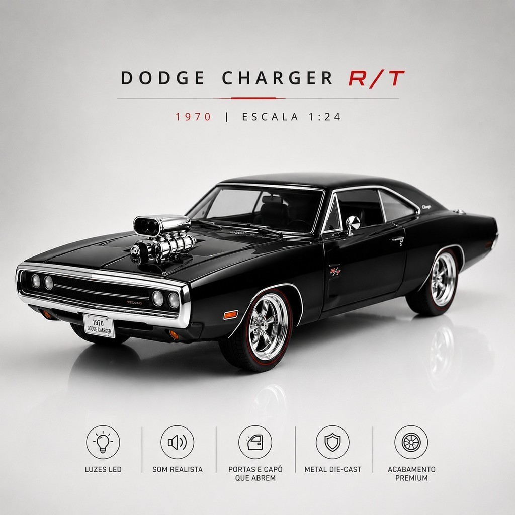 Miniatura Dodge Charger R/T 1970 1:24 20cm Carrinho de Ferro Metal Colecionável Som Luz Portas Abrem Premium