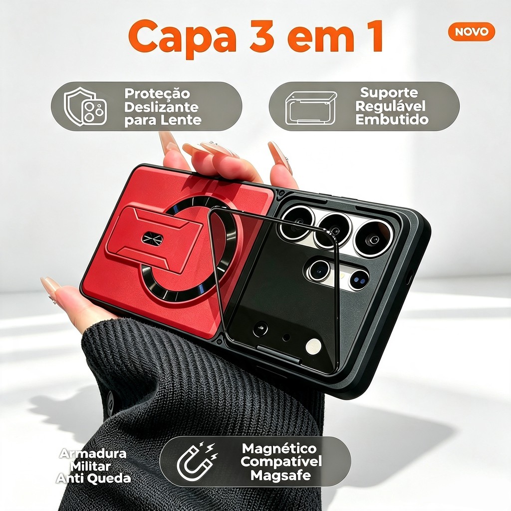 Capa 3em1 Armadura Magnética Tampa Deslizante Lente+Suporte Anti Queda Samsung S26 S25 S24 S23 Ultra A16 A17 A36 A37 A57