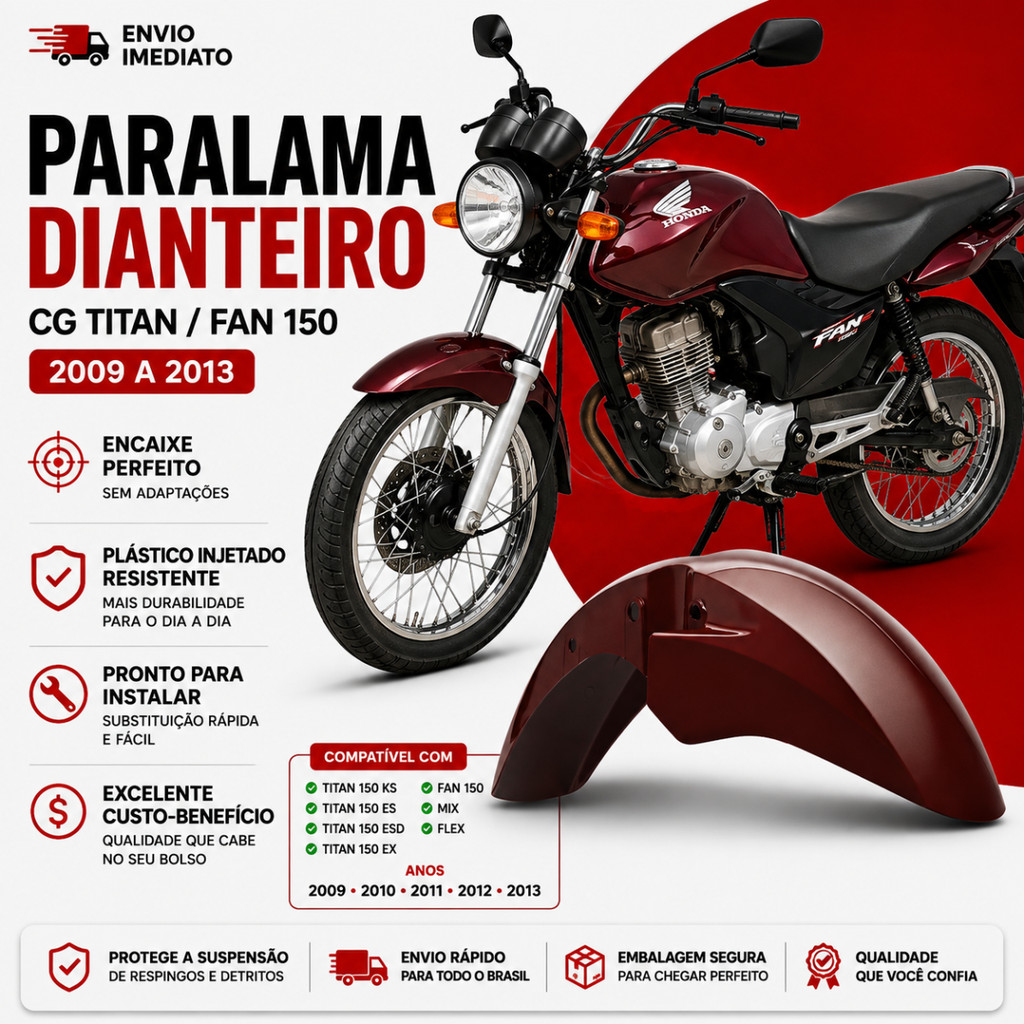Paralama Dianteiro Honda Cg Titan Fan 150 2009 Á 2013 Vermelho Guaraú Pro Tork