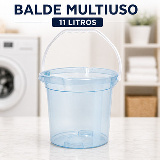 Balde Plástico Transparente 11 Litros Reforçado com Alça Multiuso para Limpeza Lavanderia Casa e Uso Profissional Diário