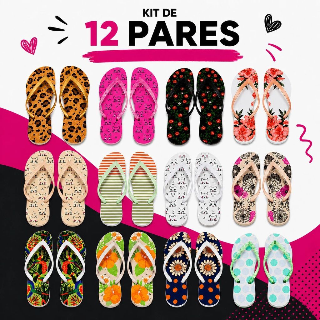 Kit 12 Pares Chinelos Femininos Variados Estampados Confortável Estiloso Antiderrapante - Envio Imediato