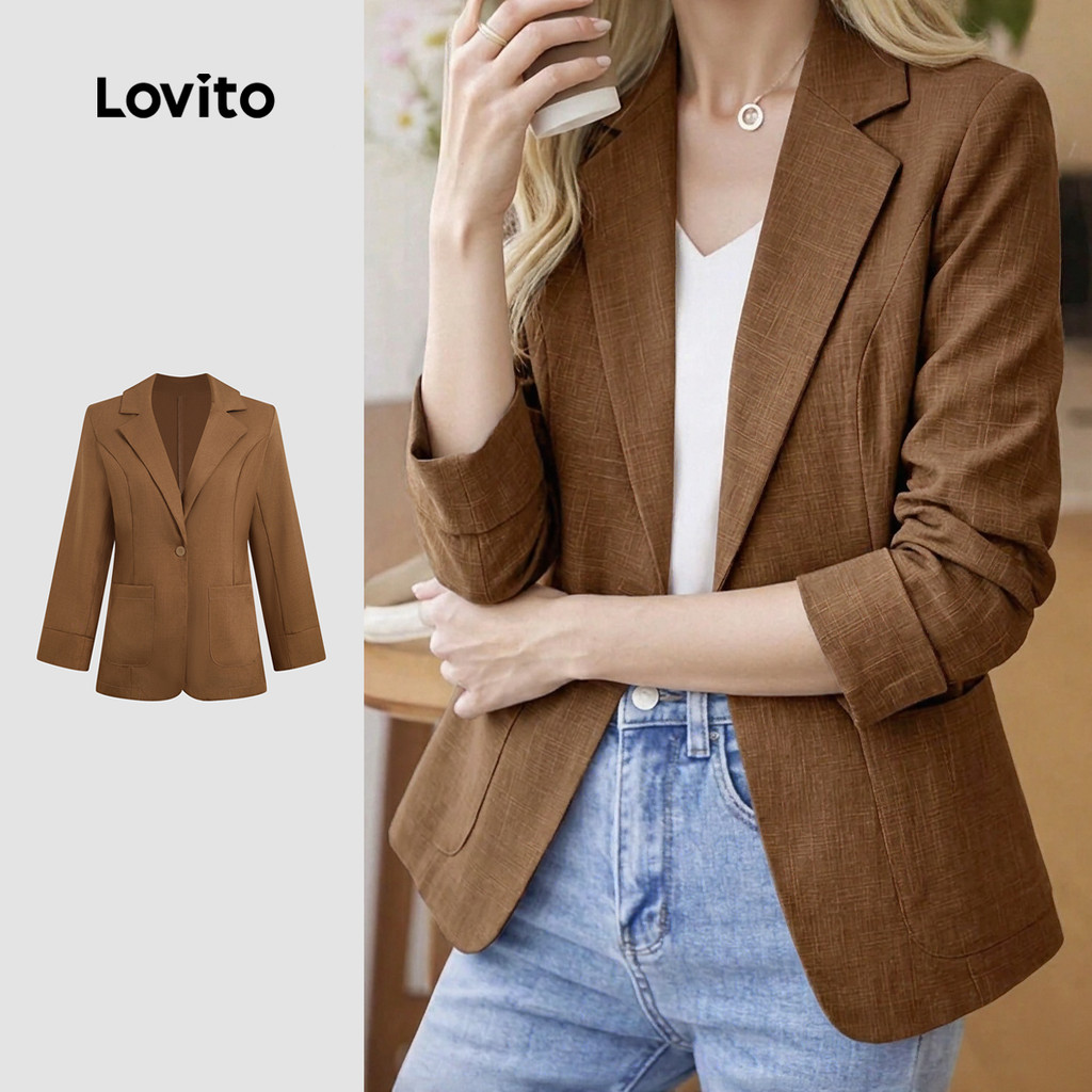 Lovito Elegante Blazer Feminino Marrom de Outono/inverno com Botão No Bolso LBL36167