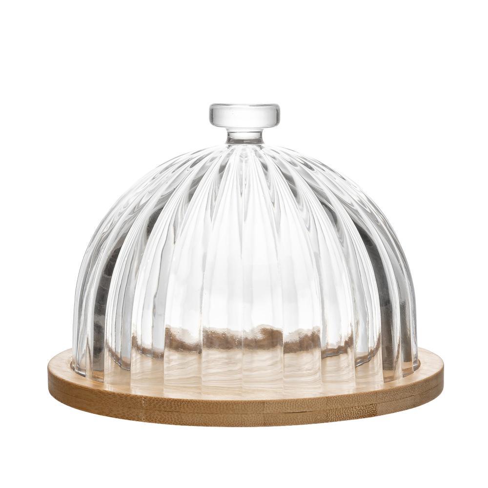 Queijeira com Base de Bambu Striata 16,5cm x 13 Vidro