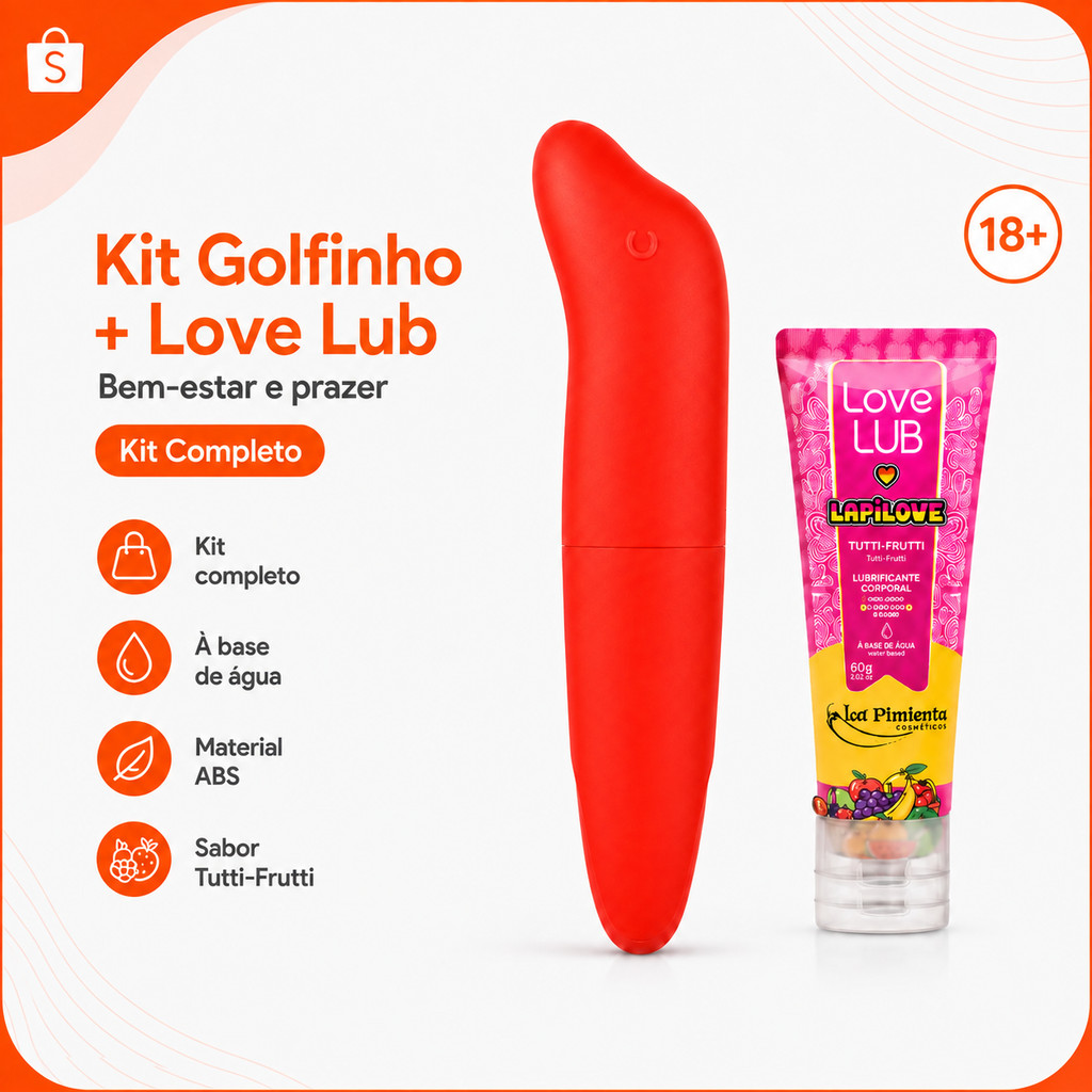 Kit Vibrador Golfinho Liso Vermelho Ponto G + Lubrificante LapiLove Beijável 60ml Sex Shop - Envio Discreto