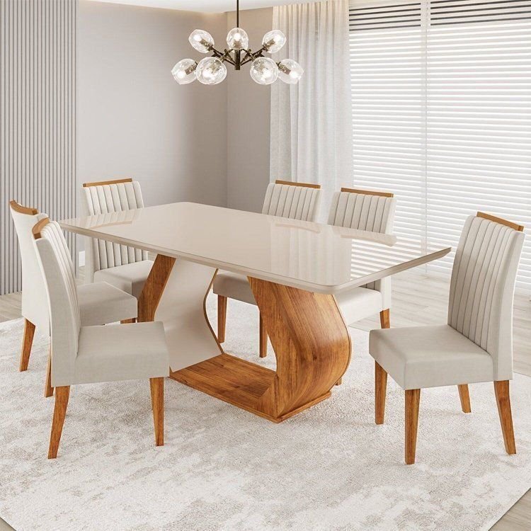 Conjunto Sala de Jantar 6 Lugares Retangular Tampo de Vidro e MDF Dai Yescasa Bege/Mel/Off White Mel/Off White/Bege