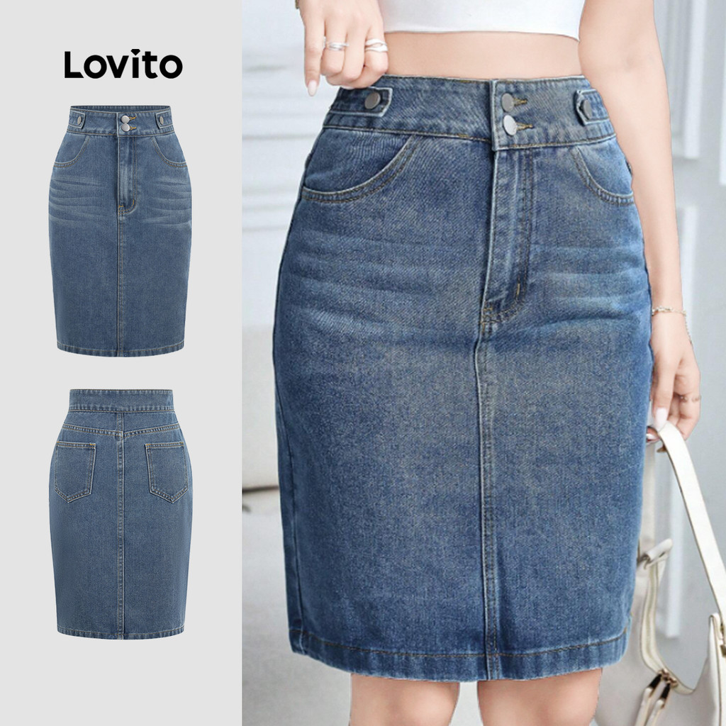 Lovito Saias Jeans Casuais Bolso Botão Primavera/Verão Elegante Azul Saias Jeans Para Mulheres L195AD217