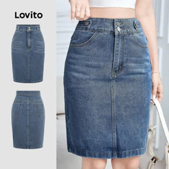 Lovito Saias Jeans Casuais Bolso Botão Primavera/Verão Elegante Azul Saias Jeans Para Mulheres L195AD217