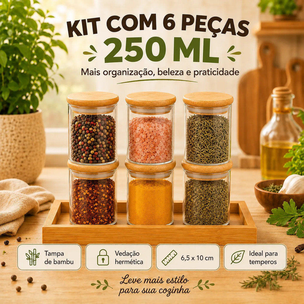 Kit 20 Potes para Tempero Vidro 250ml Hermético com Tampa Bambu Organizador Cozinha Porta Condimentos Unidades — imagem 2 de 2
