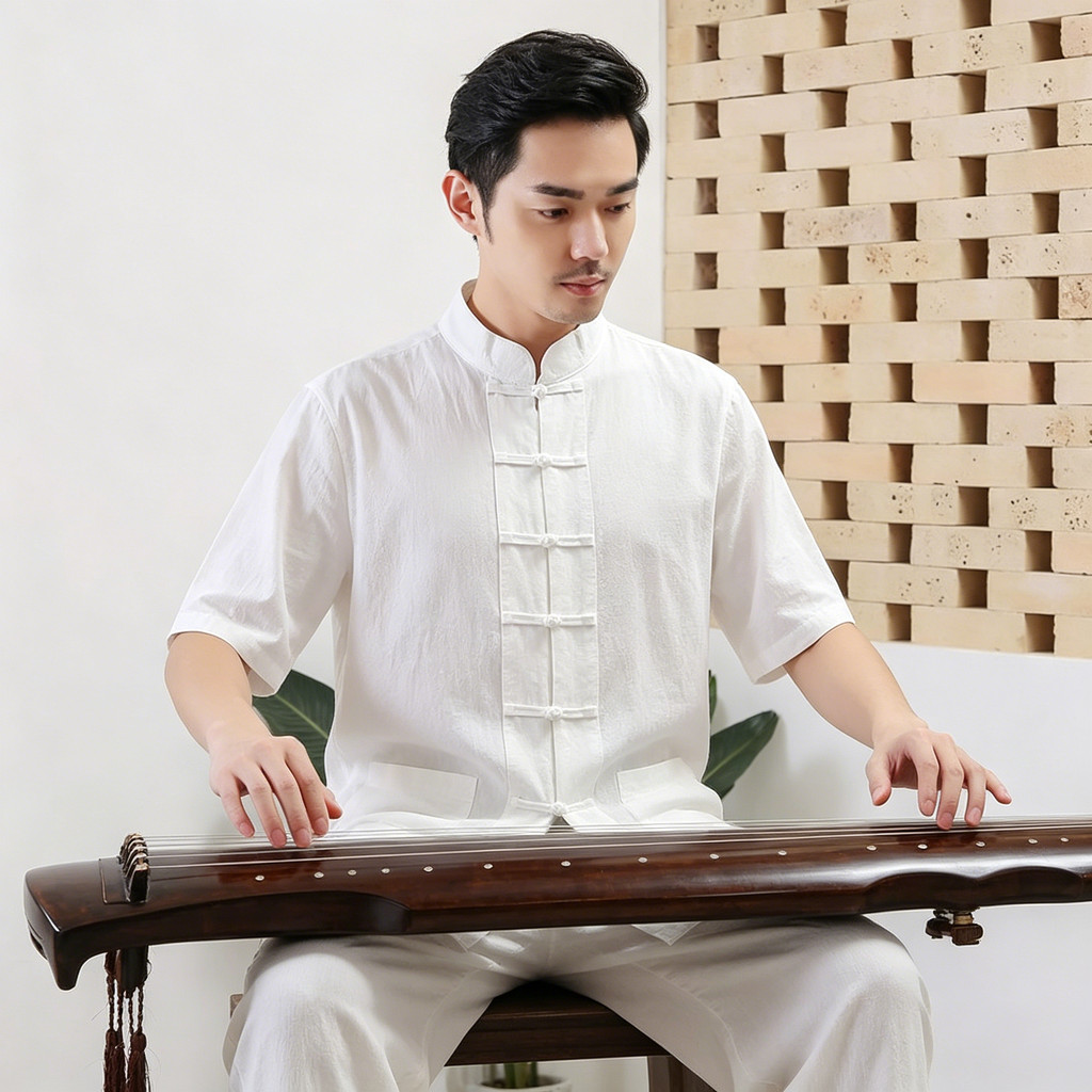 Roupas de chá de meditação de meia-idade Roupas de meditação Layman Roupas masculinas primavera verão algodão linho gola