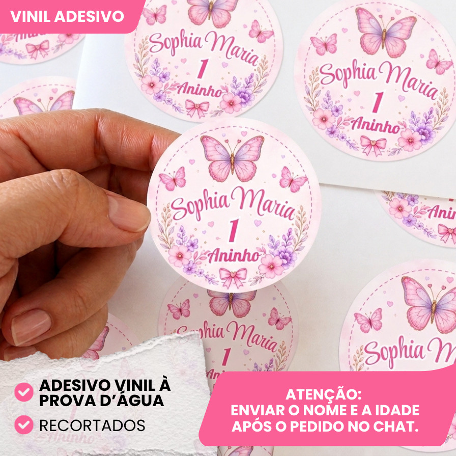 Adesivos Vinil 5x5cm Personalizados Para Lembrancinhas de Aniversário Infantil Tema Jardim Encantando Borboletas Menina