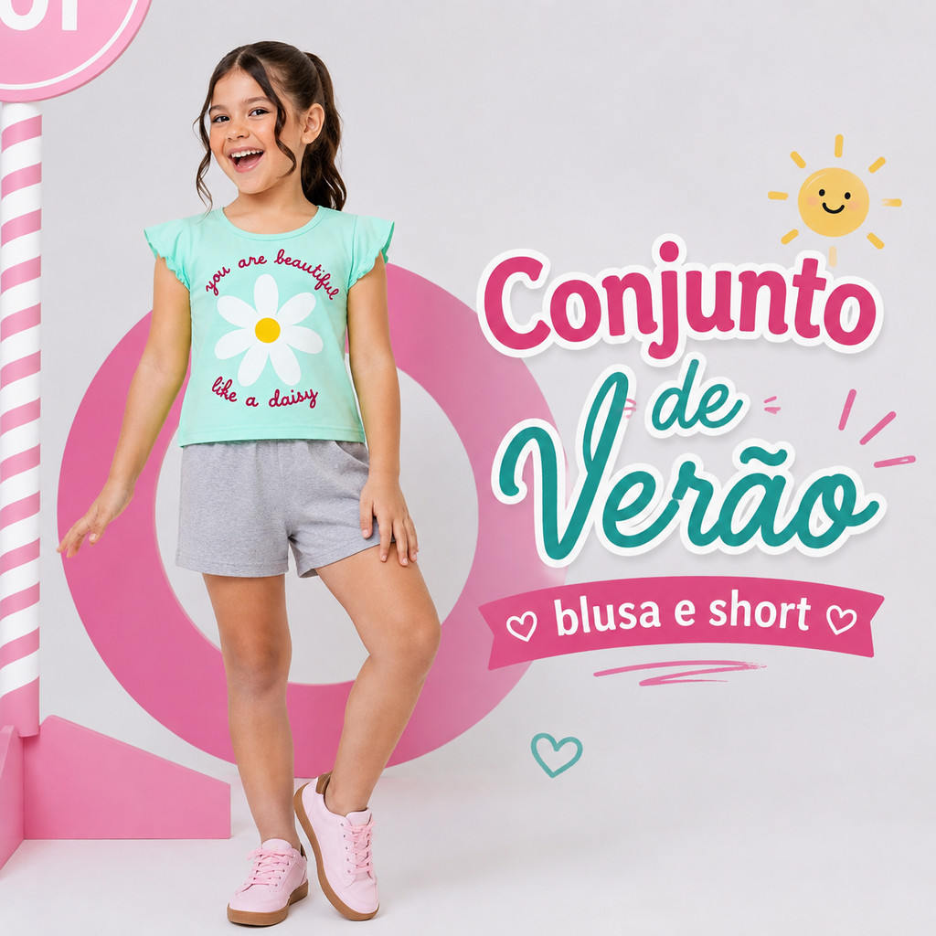 Conjunto Infantil Menina Verão Blusa e Short Algodão Estampas Sortidas Tamanho 1 ao 14