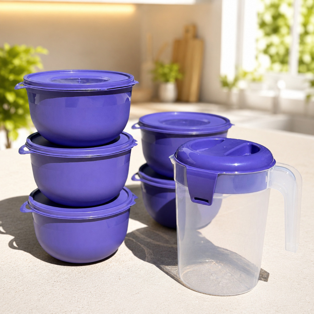 Kit 5 Bowl Potes Plásticos + Jarra 2L com Travas | BPA FREE Potes para Alimentos, Cozinha Organizada
