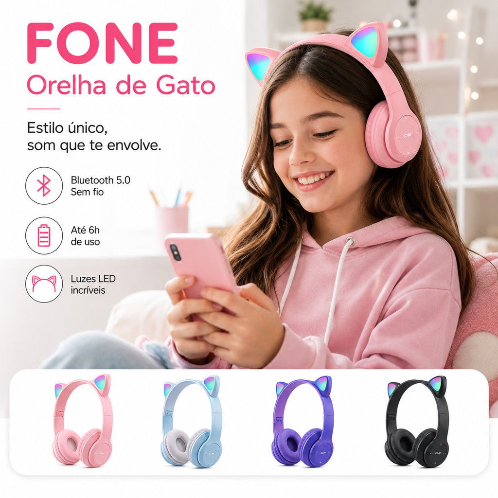 Fone De Ouvido Bluetooth Sem Fio Orelha De Gato LED Gamer Dobrável Som HD Microfone PC