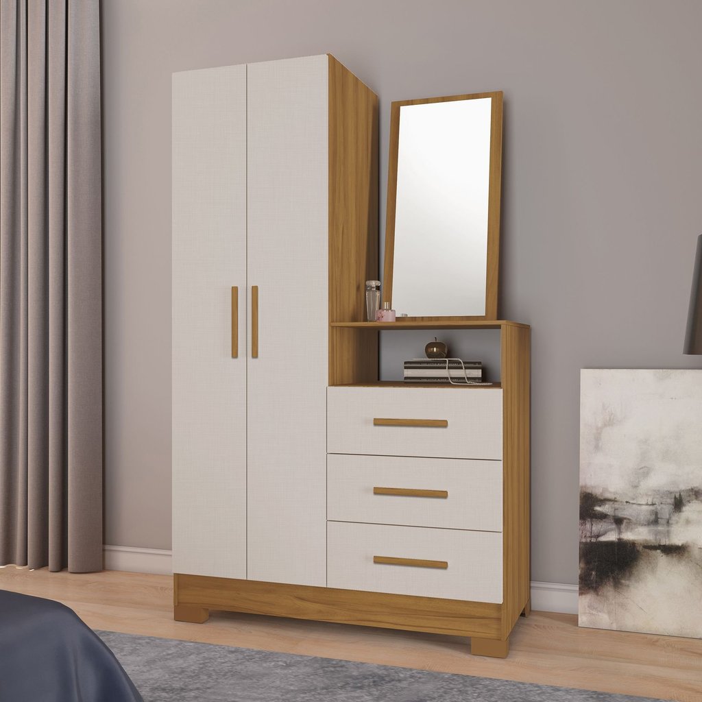 Cômoda para Quarto 3 Gavetas e 2 Portas com Espelho NT5165 Marrom/Freijó Trend/Off White Freijó Trend/Off White