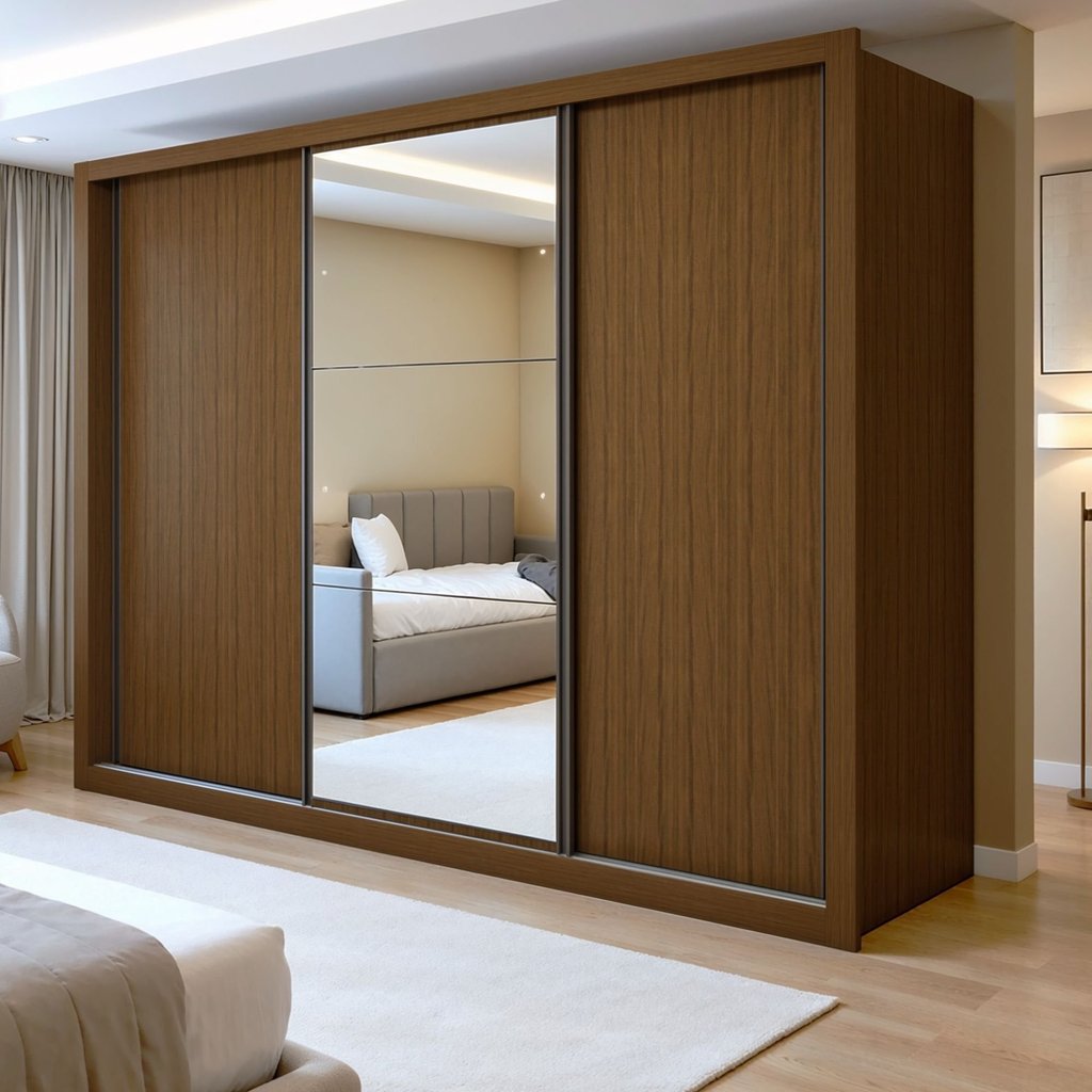 Guarda Roupa Casal com Espelho Premium Liv 3 Portas de Correr e 6 Gavetas 242cm Yescasa Marrom/Freijó Freijó