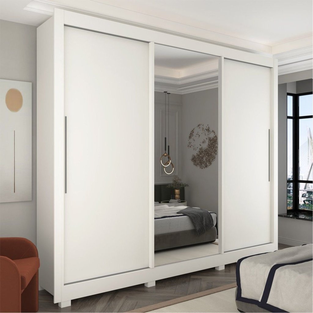 Guarda-Roupa Casal 3 Portas 1 Porta Espelhada com Pés Royale 100% MDF Branco/Acetinado Branco Acetinado
