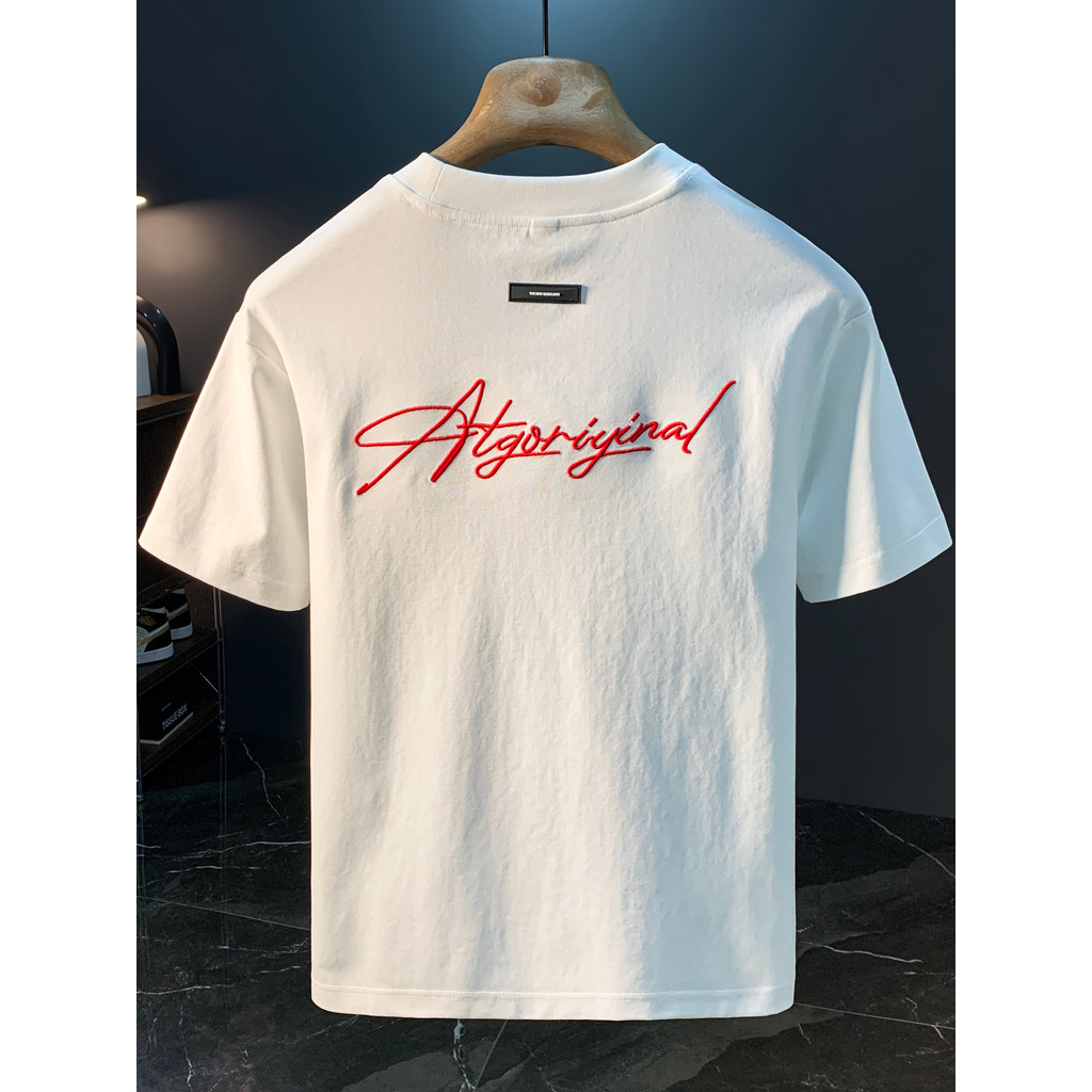Verão estilo fino respirável indústria pesada carta bordado camiseta masculina Street Wear solto em torno do pescoço All