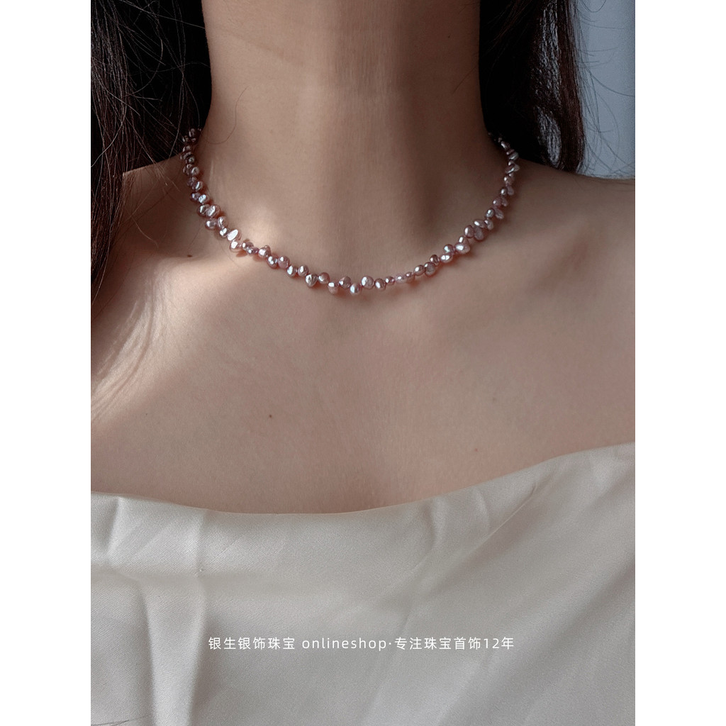 Rosa roxo deslocamento buraco Natural barroco em forma de água doce pérola colar feminino elegante pérola colar clavícul