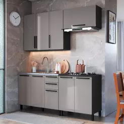 Armário de Cozinha Modulada Completa Fidelitá Mônaco 4 Peças 200cm 8 Portas 3 Gavetas Sem Tampo Chumbo/Titânio