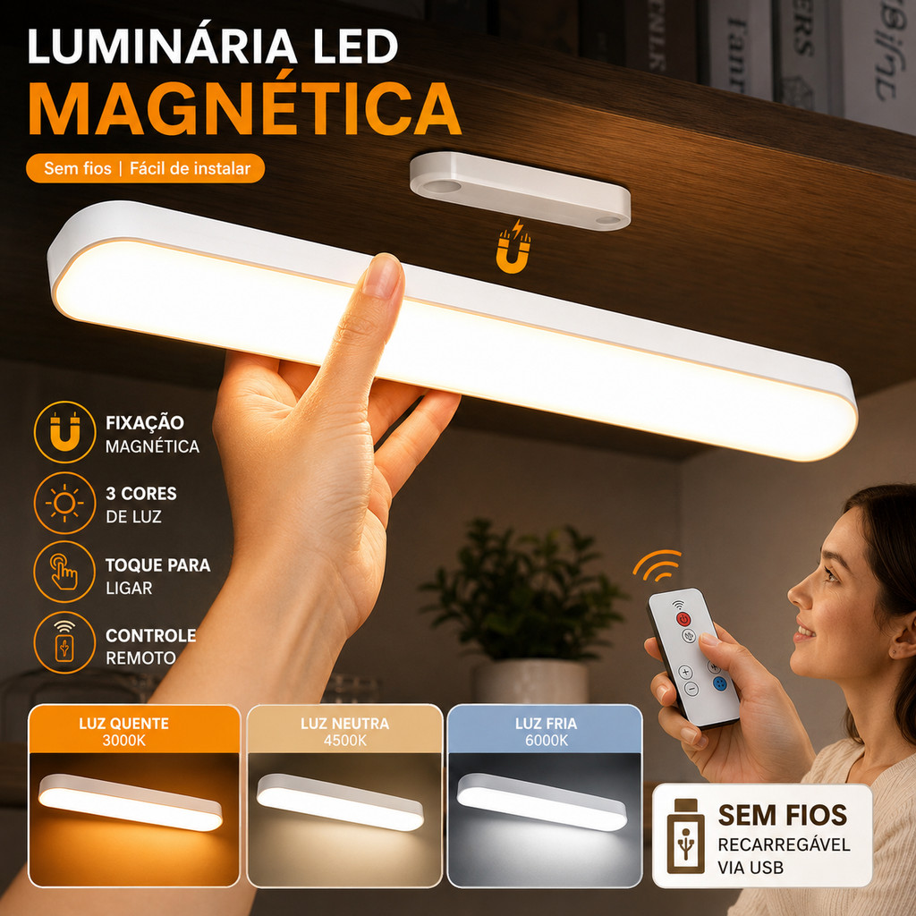 Luminária LED Magnética Recarregável USB 3 Cores Touch Controle Remoto