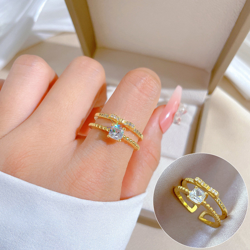 Anel de diamante banhado a ouro arco cheio de diamante abertura ajustável simples mão jóias anel japonês casal anel