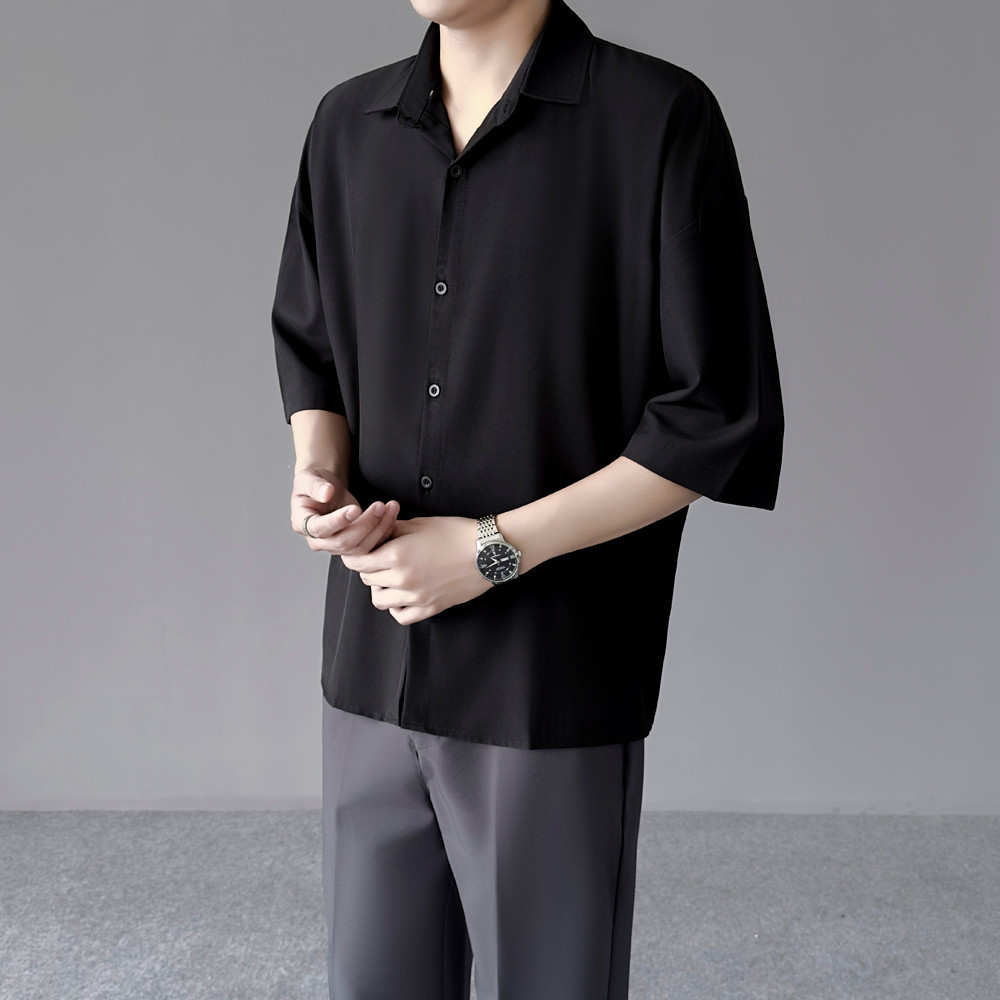 Camisa de manga de cinco pontos roupas masculinas de verão estilo Hong Kong estudante solto High-end roupas masculinas t