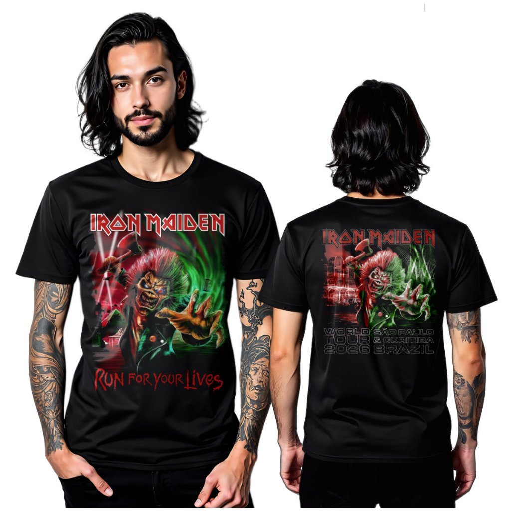 Camiseta IRON "RUN FOR YOUR LIVES" - Rock -Turne 2026-Metallica-Iron Maiden-Brasil 2026-