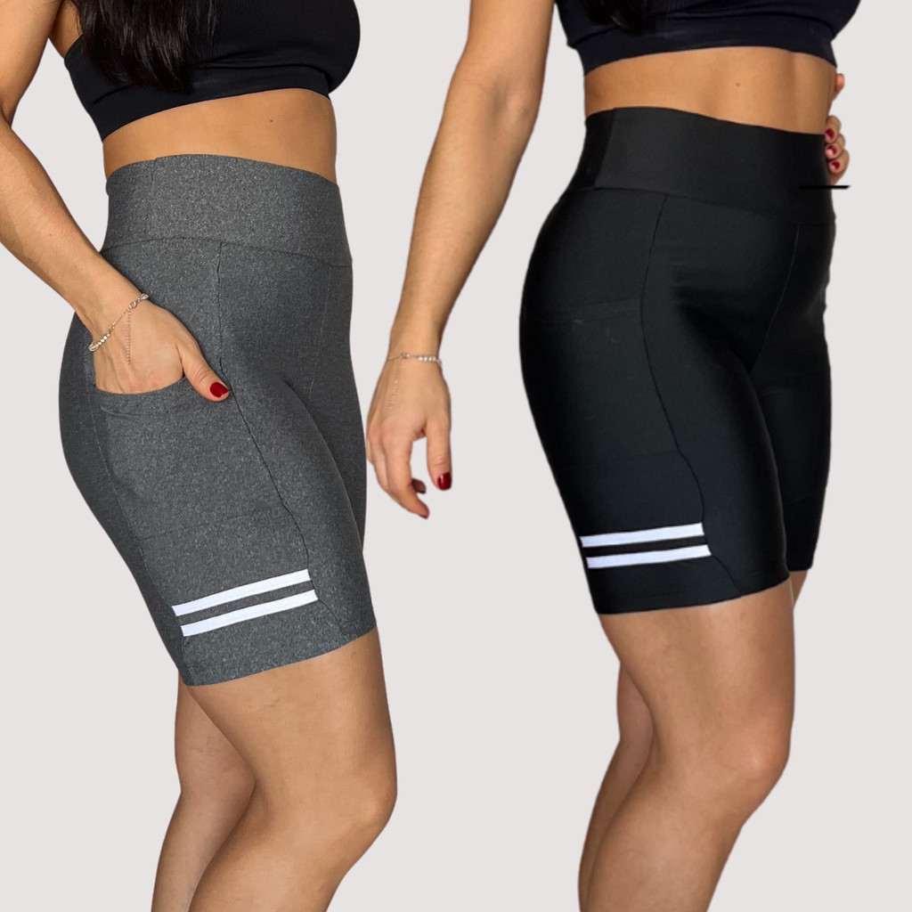Kit 2 Short Suplex Com Bolso Feminino Cintura Alta Bermuda Compressão Fitness Corrida Caminhada Academia Preto/ Cinza