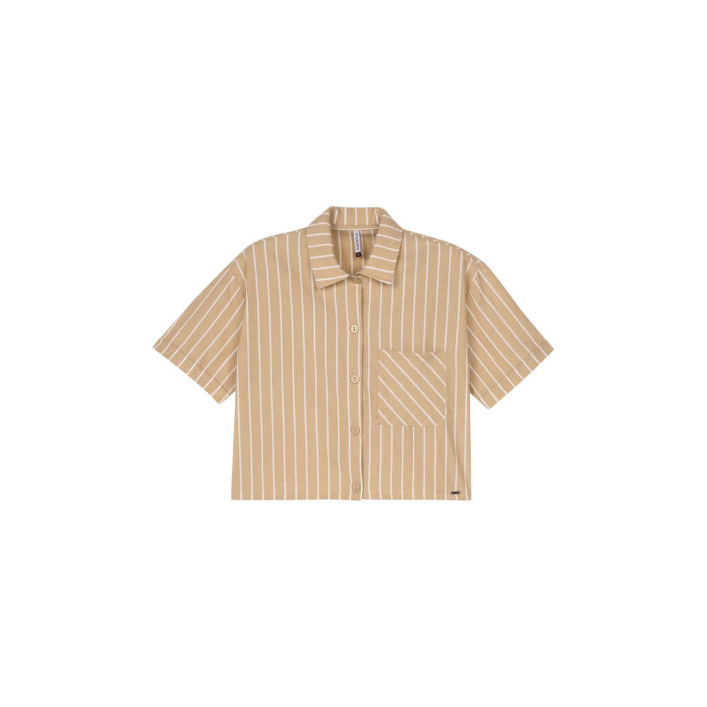 Camisa Feminina Listrada Tricoline Marialícia Bege