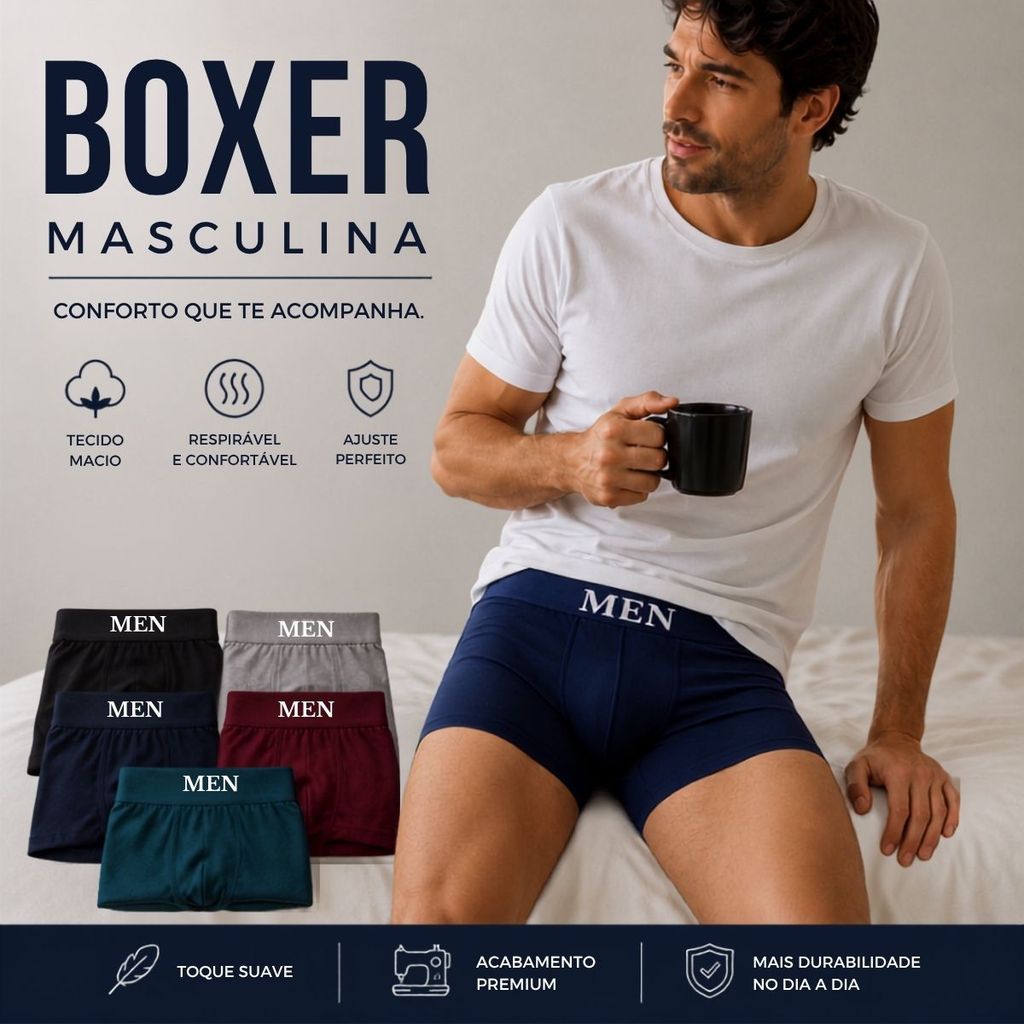 Cueca Boxer Masculina Elástica Leve Respirável e Confortável Microfibra Premium
