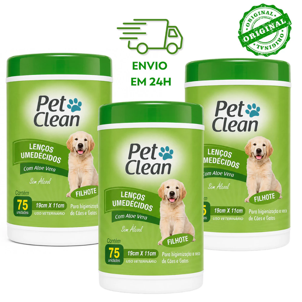 Kit 3 Lenço Umedecido Pet Clean Filhotes Cães e Gatos