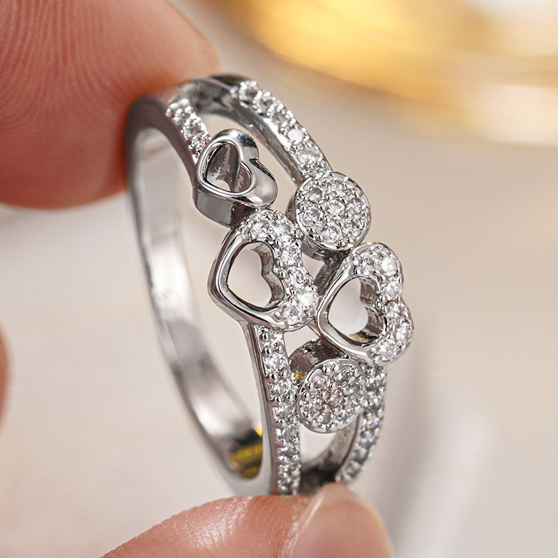 Anel de diamante banhado a ouro feminino estilo fada anel feminino oco coração brilhante anel de dia