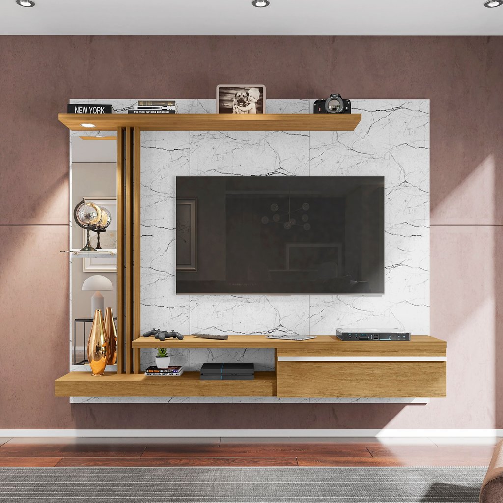 Painel para TV até 55 Polegadas com LED 160CMX136CM Prateleira de Vidro Denver Branco Carrara/Cinamomo