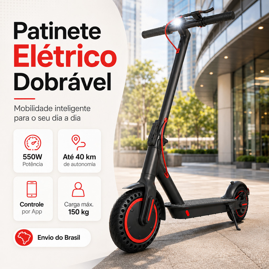 Patinete Elétrico Dobrável Adulto 550W 36V Bivolt Scooter Portátil Mobilidade Urbana com Farol Freio e Display LED