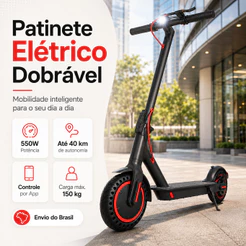 Patinete Elétrico Dobrável Adulto 550W 36V Bivolt Scooter Portátil Mobilidade Urbana com Farol Freio e Display LED