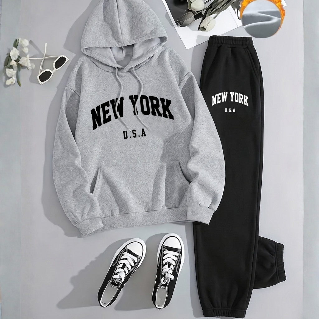 Conjunto Moletom Feminino Masculino Unissex New York USA Moletom de Capuz e Bolso + Calça de Moletom