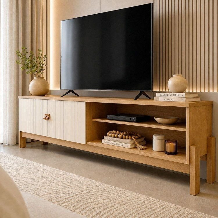 Rack para TV até 55 Polegadas MDF 164,5cm Frisado Ouro Preto Bege Cinamomo/Off White