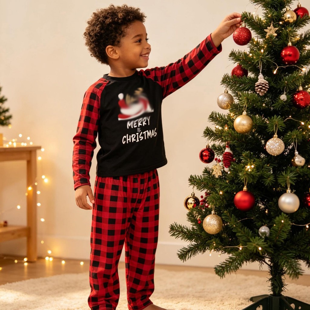 Conjunto de pijama infantil de Natal com estampa de letras e xadrez, confortável e estiloso para uso doméstico, para men
