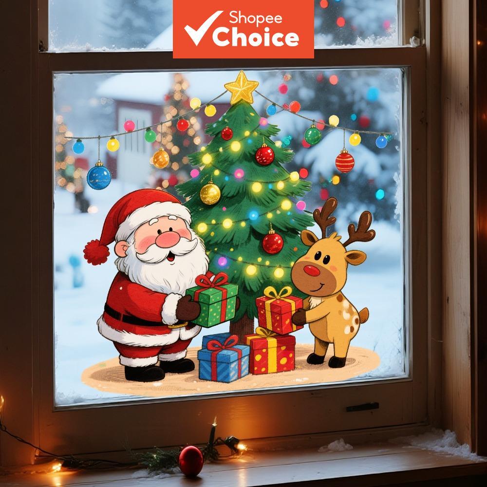Um adesivo eletrostático de janela natalino 30 x 30 cm com Papai Noel, rena e árvore de Natal, para decoração de janelas